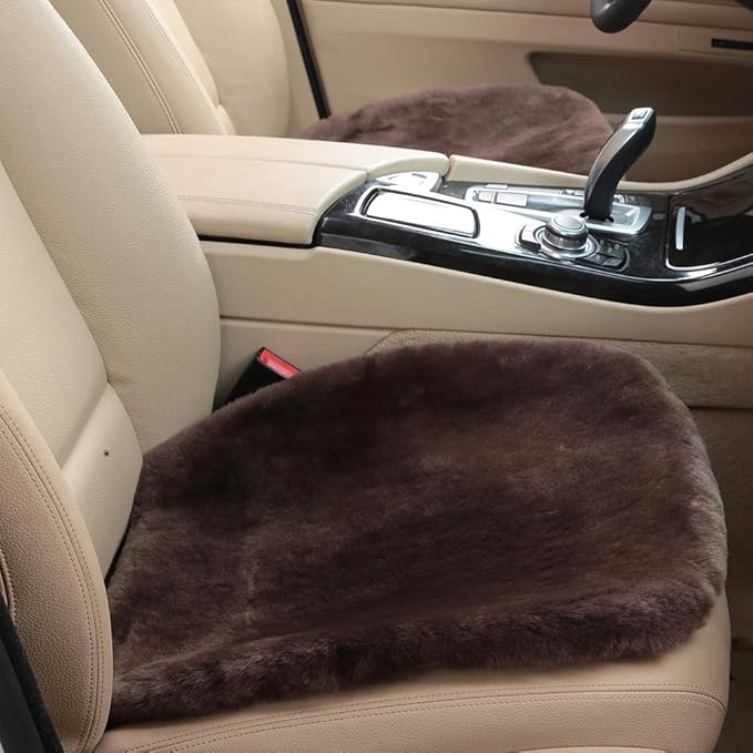 OGLAND Fluffy Genuine Australia Sheepskin Car Seat Cover for Auto Interior Accessories with Soft Fuzzy Wool Eco-Friendly Natural Fur Non-Slip (Teak, Front)