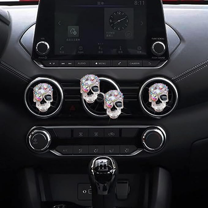 Bling Skull Air Vent Clips, 4 Pcs Crystal Skull Car Air Fresheners Vent Clips Car Diffuser Vent Clip Rhinestone Diamond Decoration Cute Interior Decor Bling Accessories for Women