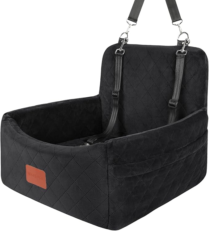 Dog Car Seat for Small Dogs Under 30lbs, Washable Pet Travel Car Bed with Memory Foam,Fully Detachable Cover,2 Storage Pockets & Safety Leash,Non-Slip Bottom(Black)