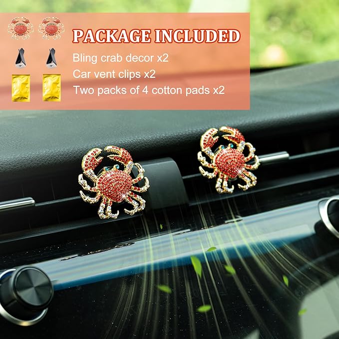 2Pcs Crab Air Freshener Vent Clip, Cute Air Diffuser Clips, Bling Rhinestone Car Outlet Decor, Crab Car Accessories for Women