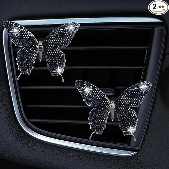 Dotesy 2 Pack Bling Bling Butterfly Air Vent Clips Crystal Butterfly Car Air Fresheners Vent Clips Diamond Cute Car Interior Decor for Women (Black)