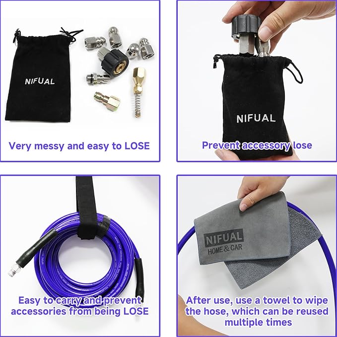 NIFUAL 50FT Sewer Jetter Kit for Pressure Washer, 5800PSI Pressure Drain Cleaner Hose 1/4 Inch NPT Corner, Rotating and Button Hose Sewer Jetting Nozzle Waterproof Tape Pearl Corsage Pin Spanner Glove