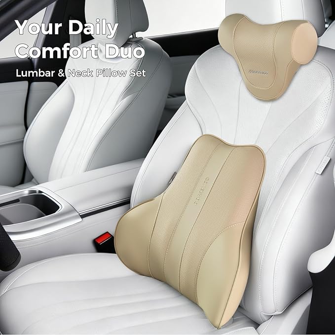 Coverado Lumbar Support Pillow for Car, Ergonomic Memory Foam Back Pillow for Office Chair, Back Cushion for Back Pain Relief, PU Leather Car Lumbar Support for Driving Seat - Beige