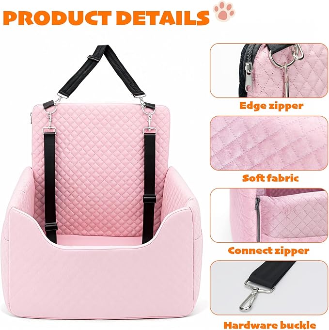 Dog Car Seat for Small/Medium Dogs Under 35lbs, Soft Booster Car Seat with Detachable Washable Cover and Cushion, Memory Foam Pet Car Seat with Safety Belt and Storage Pockets, Puppy Dog Car Bed