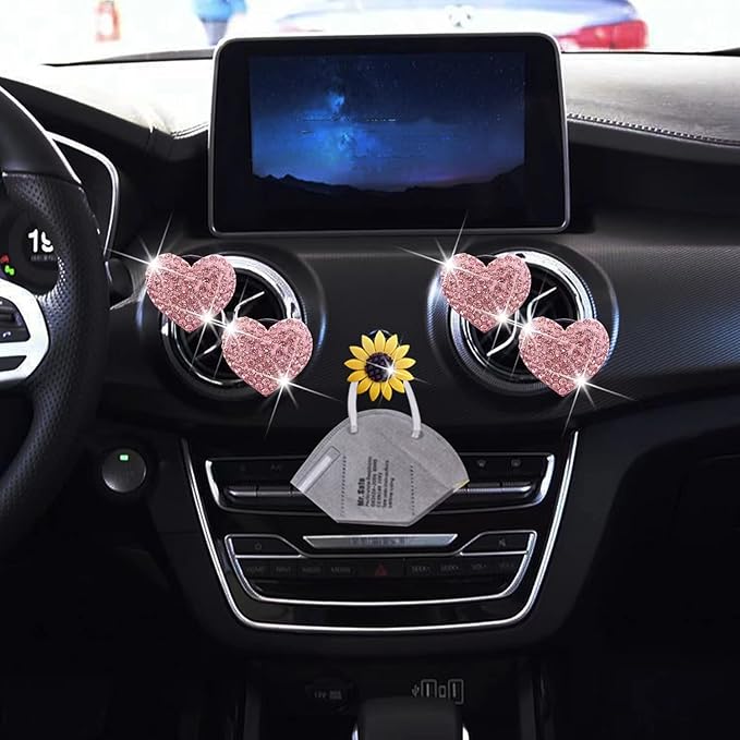 Bling Heart Air Vent Clips, Crystal Heart Car Air Fresheners Vent Clips Diffuser Vent Clip Rhinestone Car Decoration Interior Decor Cute Accessories for Women (Pink) + Sunflower Mask Hook