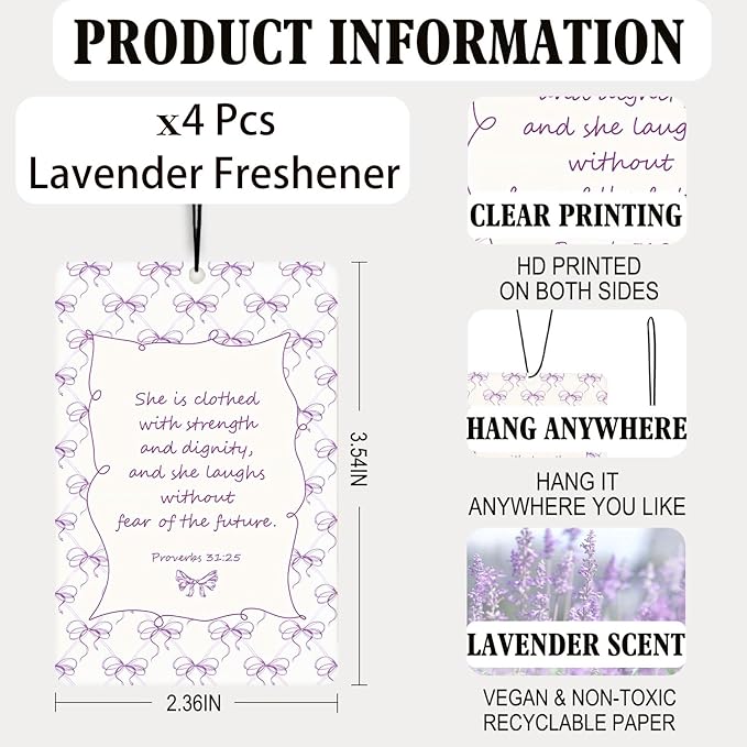 Coquette Purple Bow Christian Lavender Car Air Freshener 4 Pcs, Preppy Girly Bible Verse Air Freshener Hanging Decor for Cars Closet Drawer Books, Christian Accessories Gifts for Girls