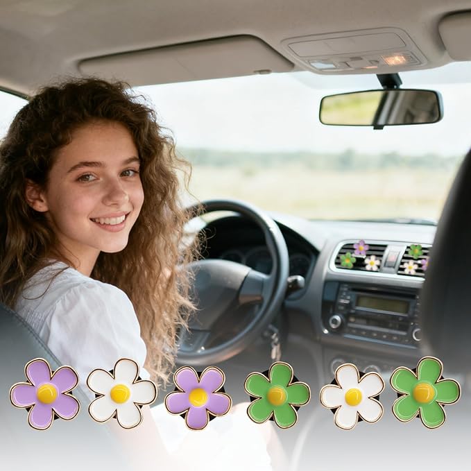 6pcs Flowers Car Decor,Cute Car Air Freshener Vent Clips,White Green Purple Daisy Air Vent Clip Accessories for Women,3cm/2.7cm Refillable Daisy Decor Diffuser