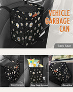 Car Trash Can with Lid, Cute Leakproof Car Trash Garbage Bag Hanging Vehicle Trash Bin Small Portable Automotive Garbage Cans Organizer for Back/Front Seat/Console(2.8 Gallons,Black Flower)