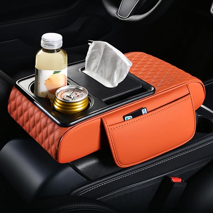 5-in-1 Car Armrest Pad Cushion, Water Ripple Embossed Center Console Booster Pad with Tissue Box, Cup Holder, Storage Bag, Phone Slot, Fit for Most Sedan Vehicles (Water Ripple Series, Beige)