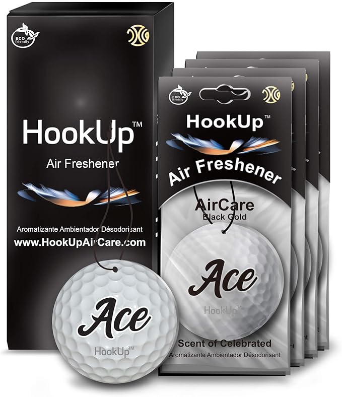 Golf Car Air Freshener by HookUp - 4 Pack - Black Gold Scent (Extra Strong) | Unique Golf Gift for Players, Coach, Fans | Hanging Car Accessory with Long Lasting Fresheners Smell