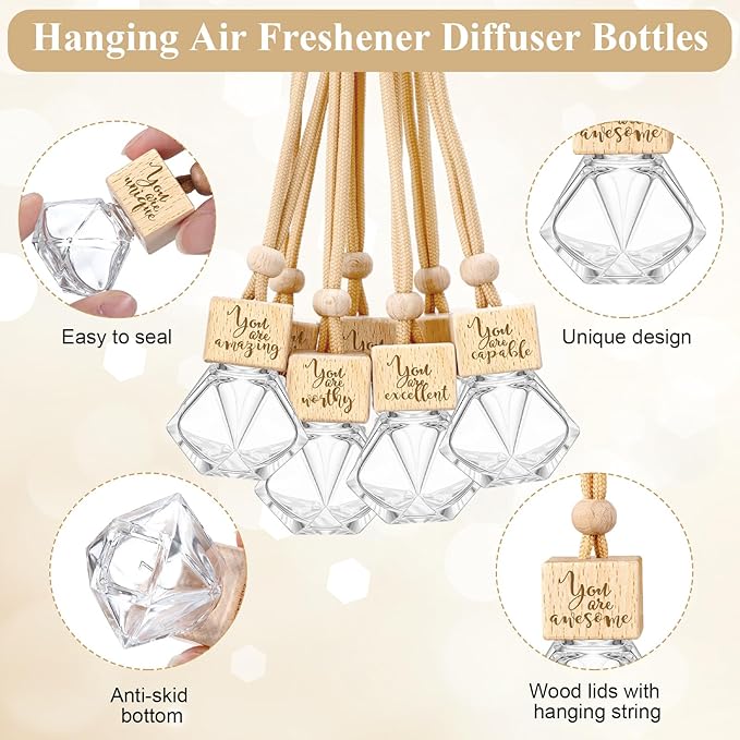 20 Pcs Employee Appreciation Gifts Bulk Empty Car Diffuser Air Freshener Ornament Hanging Glass Essential Oil Bottle Thank You Gift for Staff Teacher Students Nutritionist