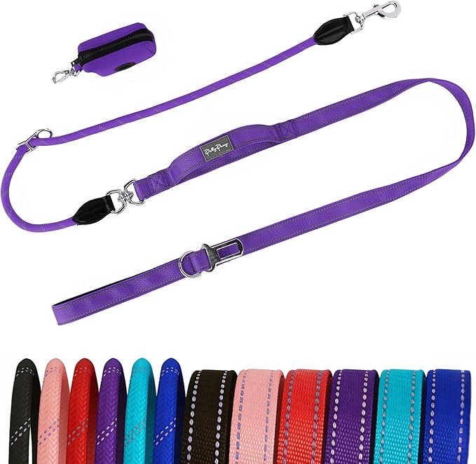 6FT Heavy Duty Dog Leash for Small Medium Large Dogs, Tangle Free Reflective Dog Training Leash with Double Handle, Seat Belt Buckle & Poop Bag Holder (Purple)