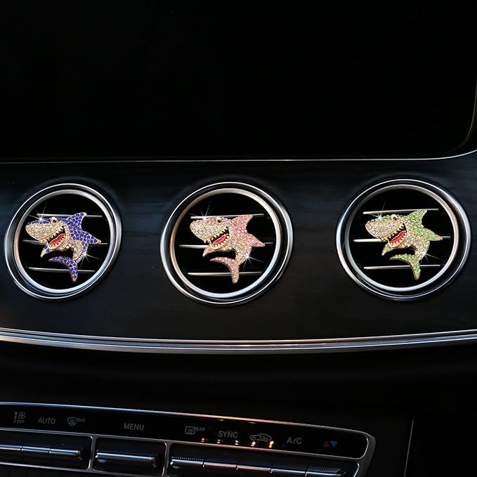 Generic 2 PCS Bling Rhinestone Sharks Car Air Vent Clips Cute Marine Animals Car Air Freshener Clip Air Conditioning Outlet Clip Funny Car Interior Decoration Accessories for Women Men (Pink Green)