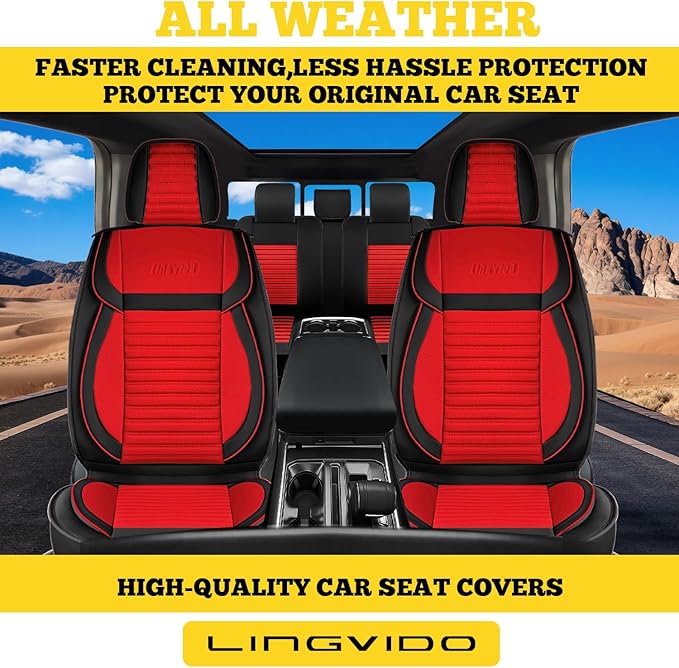 LINGVIDO Full Set Car Seat Covers, Faux Nappa Leather, Airbag Compatible and Waterproof Protectors for Sedans SUVs, Breathable Interior for Active Families, Pets, and Commuters (5 Seats, Black/Red)