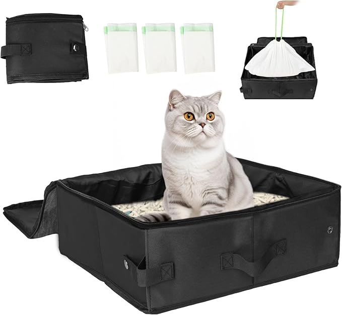 SZEE Travel Litter Box for Cats with Zipped Lid with 3 Pcs Disposable Liner Bags, Easy Cleaning, Suitable for Pets up to 15lbs, Portable Litter Box for Travel, Car, Hotel, Airplane, Camping - Black