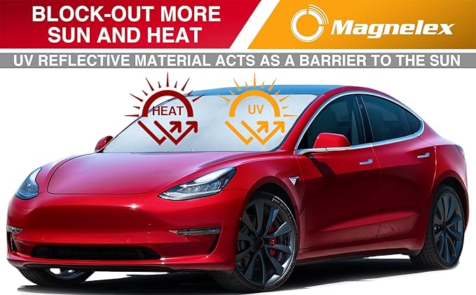 Magnelex Tesla Windshield Sun Shade (Model 3/Y), Reflective Polyester Blocks Heat & Sun, Foldable Car Window Sun Blocker, Mirror Cut-Out, Fade-Resistant Sunshade, Tesla 3 Accessories (Pack of 2)