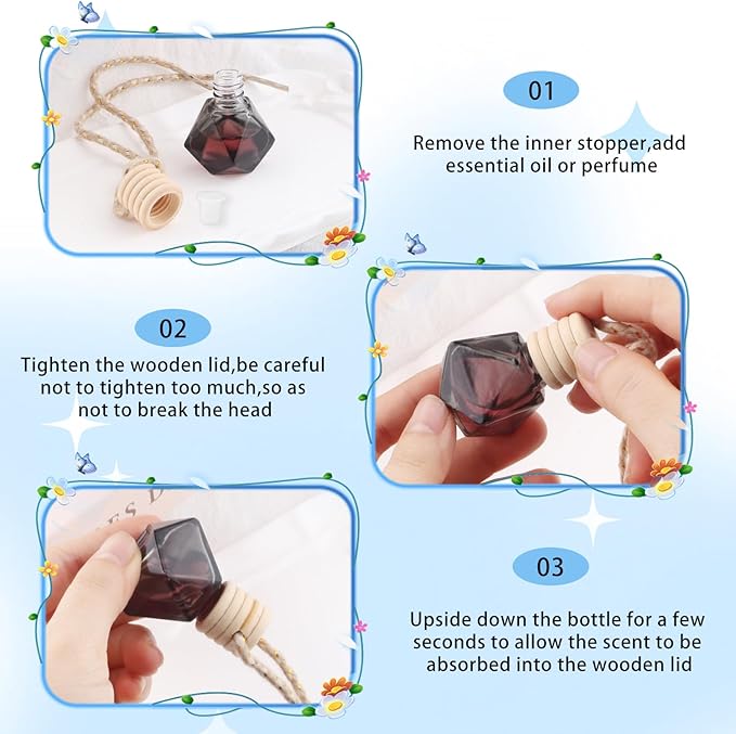 24 Pcs Black Car Hanging Air Fresheners Empty Glass Diffuser Bottles Pendant Perfume Bottle For Essential Oil Fragrance Aromatherapy Auto Interior Ornaments Decor (Diamond-Black)
