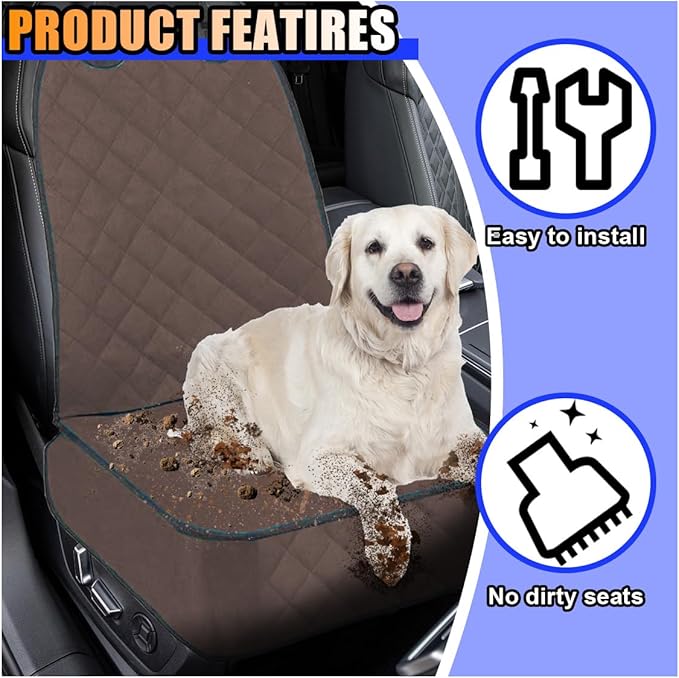 Dog Car Front Seat Cover with Side Flaps, Waterproof & Scratch Proof Car Seat Protector for Dog, Nonslip Pet Car Seat Pad with Safety Belt, Fit for Most Cars SUVs Trucks Jeeps (Coffee)