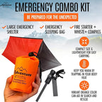 Emergency Sleeping Bag & Tent Shelter, Stocking Stuffer! Combo Prepper kit Survival Tent, Bivy Sack Tent, Sleeping Bag, Fire Starter + Whistle, Mylar Thermal Adventure Supply Co.