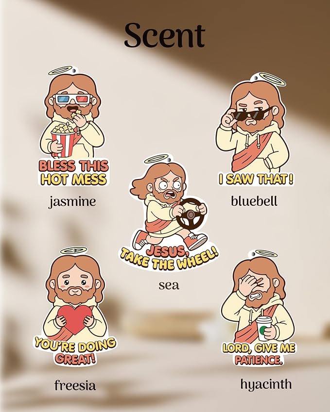 Funny Car Air Freshener Cute Jesus Christian Humor 5pcs Car Accessories Automotive Interior Hanging Scents Mirror Decor for Women Teen Girls
