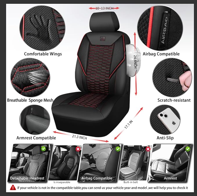 CAR PASS 3D Foam Mesh Leather Car Seat Covers Full Set,Breathable Mesh Faux Leather Seat Covers for Car,Universal Fit for SUV Truck Sedan Automotive, Armrest Airbag Compatible,Black and Red