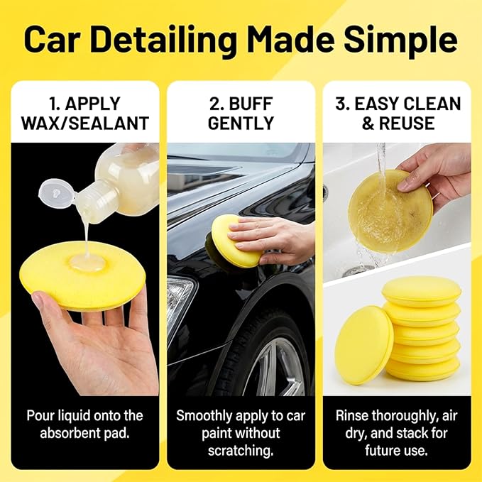 PSLER Foam Applicator Pads - Foam Car Wax Applicator Pad Detailing Round 4 inch Polishing Sponges for Car Wax Applicator Pad 12 Pack-Yellow