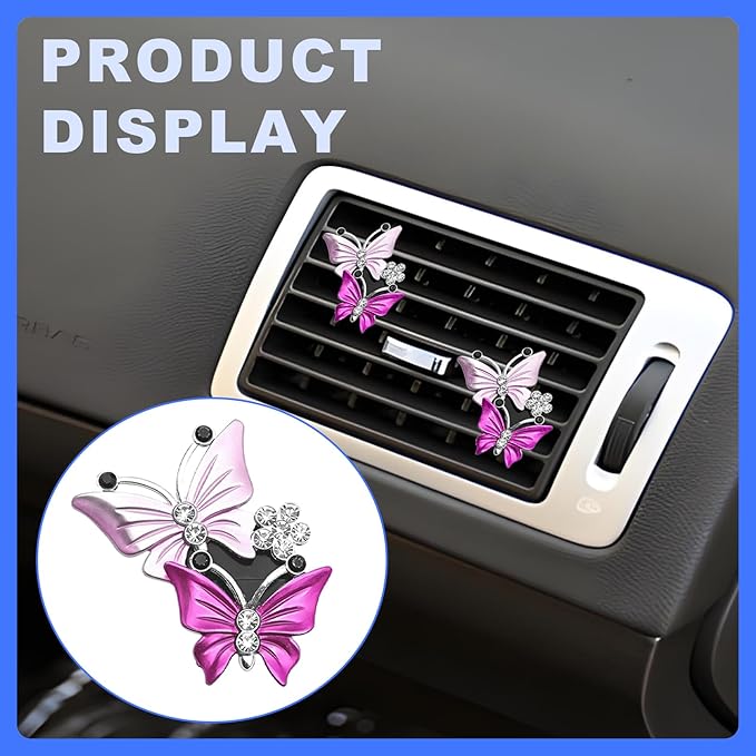 Car Shiny Dual Butterfly Air Outlet Clips, Crystal Air Fresheners Vent Clips, Car Diffuser Vent Clip Rhinestone Diamond Interior Decor, Car Decoration, Bling Car Accessories (2 Pcs Pink)