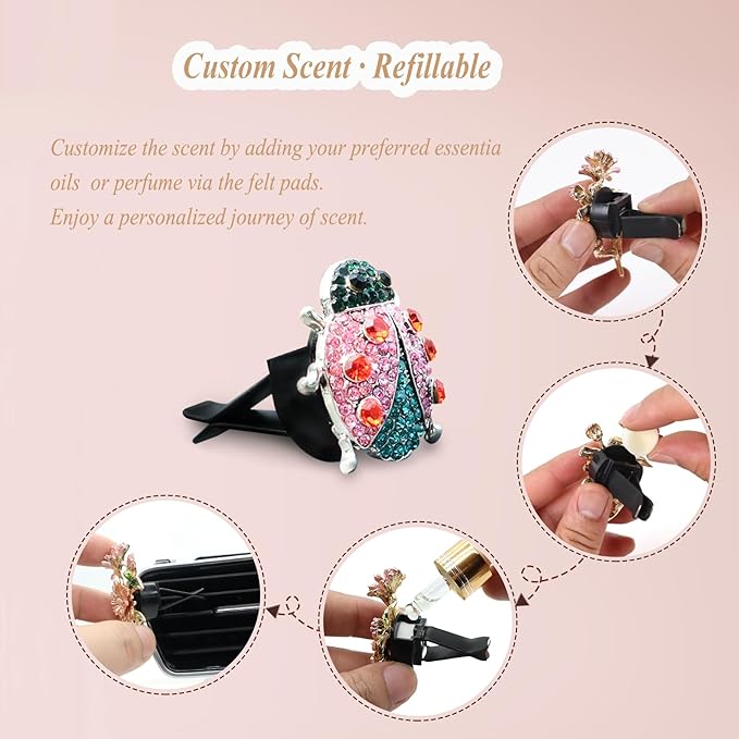 2pcs Ladybug Air Vent Clips Car Air Freshener Vent Clips,Colorful Rhinestone Lady bug Cute Car Air Freshener,Bling Car Accessories for Women Refillable Car Diffusers