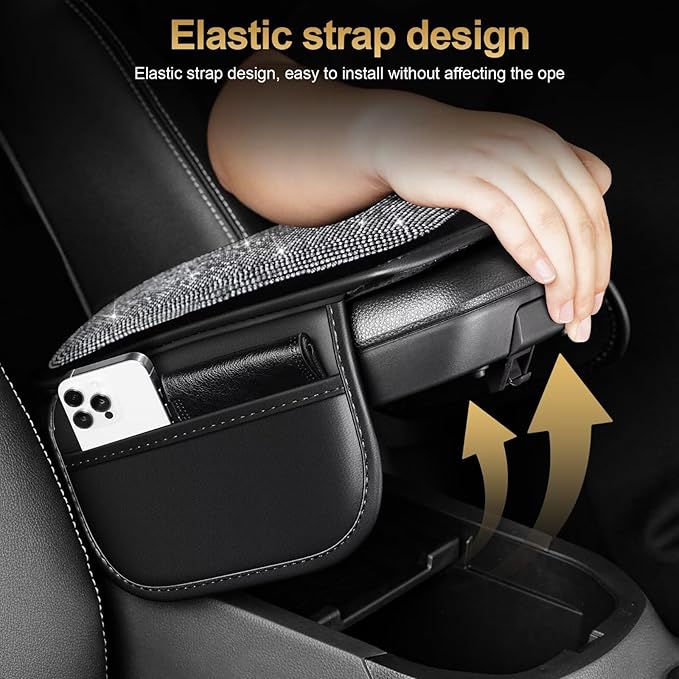 Bling Center Console Cover Fit for Toyota Corolla Cross with 2 Storage Bags Fully Diamond-Studded Style Center Console Armrest Cover with Total Protection(Silver Diamond)