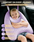 Memory Foam Kids Travel Pillow, Car Pillow for Kids, H-Shape Car Pillows for Sleeping, Removable Pillowcase, Adjustable, Velvet Dots, Purple