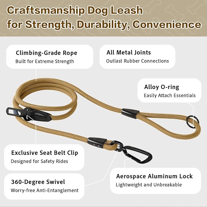 PawsPassion Rope Dog Leash 6 FT, 2-in-1 Heavy Duty Dog Leash with Seat Belt Buckle, Tangle Free 360ｰ Swivel Aviation Aluminum Carabiner, All Metal Hardware, Alloy O-Ring (Sunrise)
