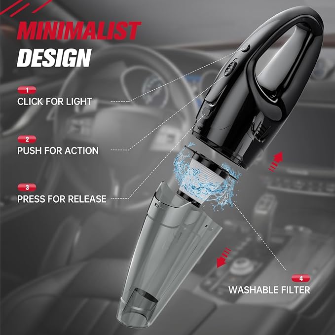 Handheld Vacuum Cordless Rechargeable 3-in-1, Car Vacuum Portable Cordless with USB Charge, Handheld Vacuum with LED Light, HEPA Filter, 1.65LBs Lightweight Vacuum Cleaner for Dust, Pet Hair