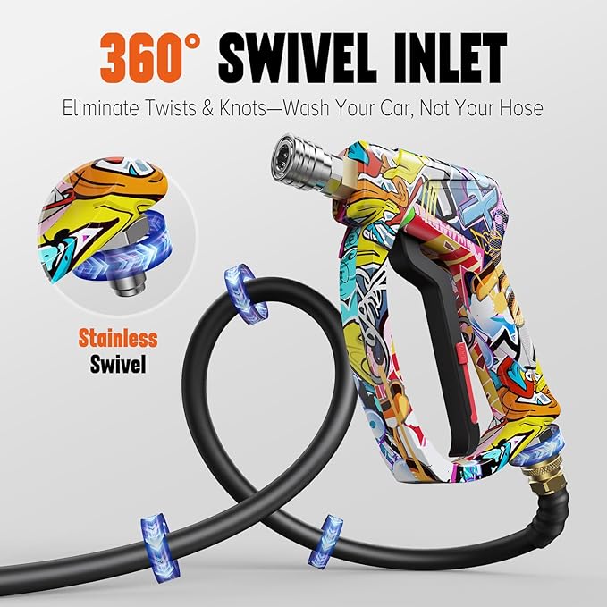 Short Pressure Washer Gun with Swivel 3/8" & M22-14mm Connect High Pressure Washer Handle with 5 Spray Nozzle, 1/4" Quick Connector Coupler Power Washer Gun Compatible with Foam Cannon
