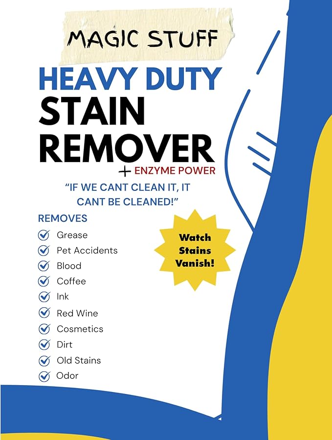 Magic Stuff Heavy Duty Stain Remover - Enzyme-Powered Carpet & Upholstery Cleaner - Eliminates Pet Urine, Odor, Wine, Coffee, Grease, and Deep Set Stains - No rinse, Odor Free, Kid & Pet Safe Formula