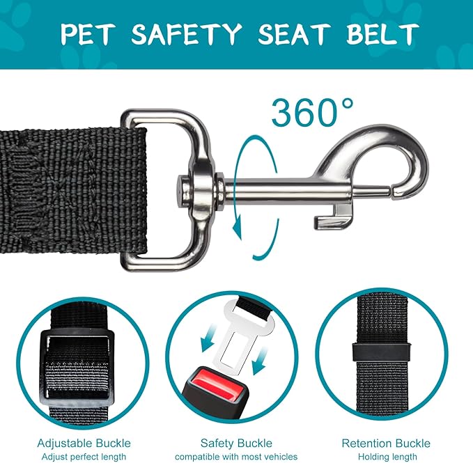 2 PCS Dog Seat Belt for Car Frskcssd Adjustable Dog Car Harness Heavy Duty Nylon Dogs Safety Seat Belt (Black)
