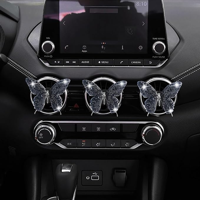 Dotesy 2 Pack Bling Bling Butterfly Air Vent Clips Crystal Butterfly Car Air Fresheners Vent Clips Diamond Cute Car Interior Decor for Women (Black)