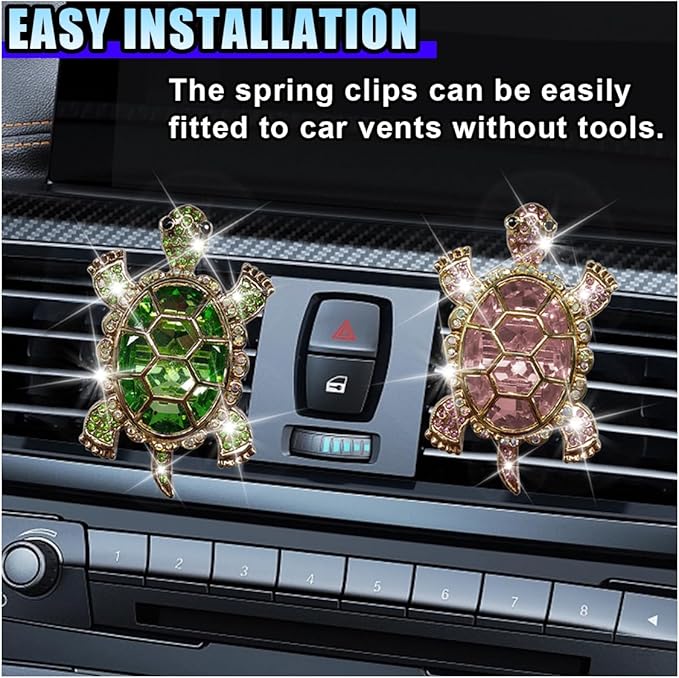 2PCS Bling Tortoise Car Air Vent Clips, Crystal Rhinestone Auto Air Conditioning Outlet Clip, Cute Turtle Car Vent Decorative Clip, Auto Interior Decoration Charm for Women (Tortoise)