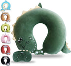 Sexysamba Cartoon Headrest & Neck Pillow for Kids Boys & Girls, Teens, Travel Accessories for Airplane, Car, Recline, Memory Foam Cute Travel Pillow with Sleep Eye Mask - Dinosaur