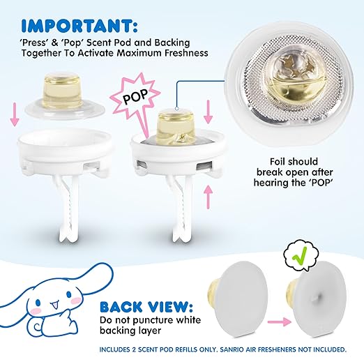 Hello Kitty Car Air Freshener Refills 2-Pack - Fresh Cotton Scent – Cute and Long-Lasting Cinnamoroll Car Accessories, Odor Eliminator, Fun Scents, 30 Days Freshness (2 Refills)