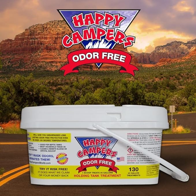 Happy Campers RV Toilet Treatment - Powerful Odor Control, Long-Lasting RV Tank Treatment - Prevents Clogs, Buildup, Sensor Failure - Keeps Holding Tank Clean & Healthy, Odor Free (130 Treatments)