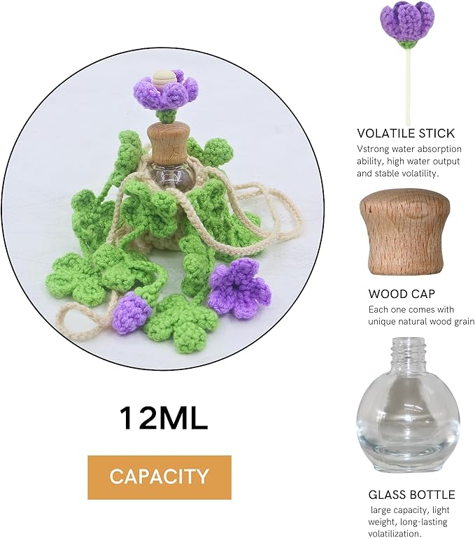 Handmade Crochet Hanging Car Air Freshener - Lucky 4-Leaf Clover Charm with 12ml Refillable Glass Essential Oil Diffuser Bottle, St. Patrick's Day Car Accessories & Bedroom Lucky Decor