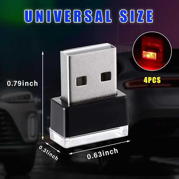 Augeny 4 PCS USB LED Car Interior Atmosphere Lamp, Plug-in USB Decor Night Light, Portable Auto Ambient Lighting Kit, Universal Vehicle Interior Accessories for Most Cars (Red)