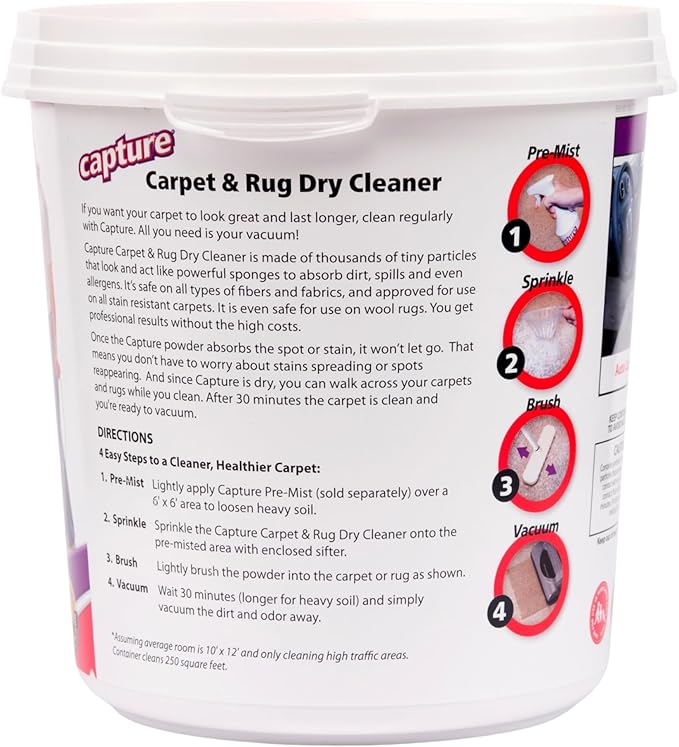Capture Carpet & Rug Dry Cleaner w/Resealable lid - Home, Car, Dogs & Cats Pet Carpet Cleaner Solution - Strength Odor Eliminator, Stains Spot Remover, Non Liquid & No Harsh Chemical (2.5 lb)