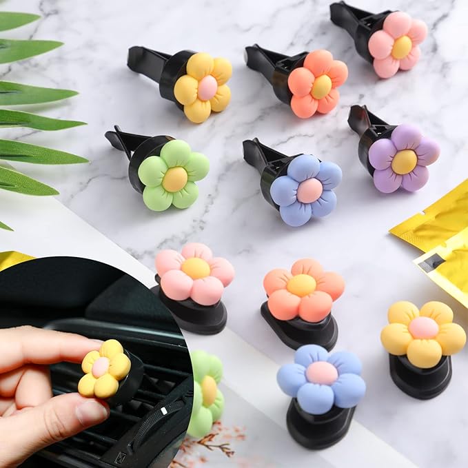 Tallew 12 Pcs Daisy Flower Car Accessories Vent Clip Cute Colorful Flower Car Accessories Air Conditioning Outlet Air Freshener Vent Clip Charm Interior Decor for Women