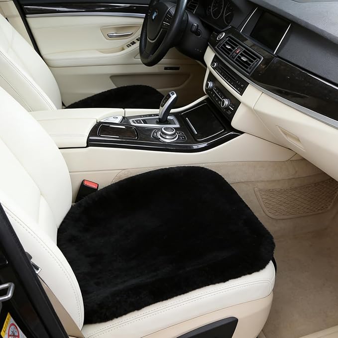OGLAND 20 inchs Fluffy Genuine Australia Sheepskin Car Seat Cover for Auto Interior Accessories with Soft Fuzzy Wool Natural Fur Non-Slip (Black, Front 20 * 20inchs)