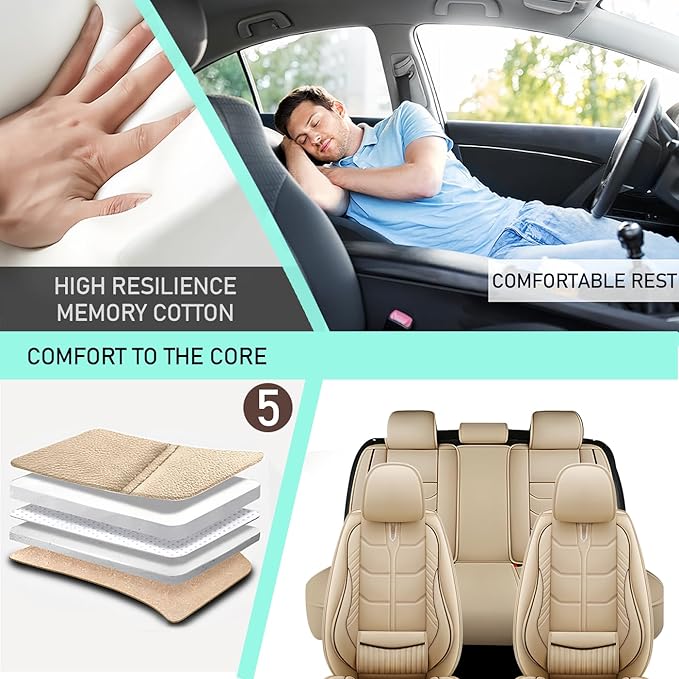 Leather Car Seat Covers Fit for Toyota Avalon 1996-2024, 5 Seater Car Seat Cover, Premium Waterproof, Scratch Resistant Car Interior Accessories (Full Set Beige)