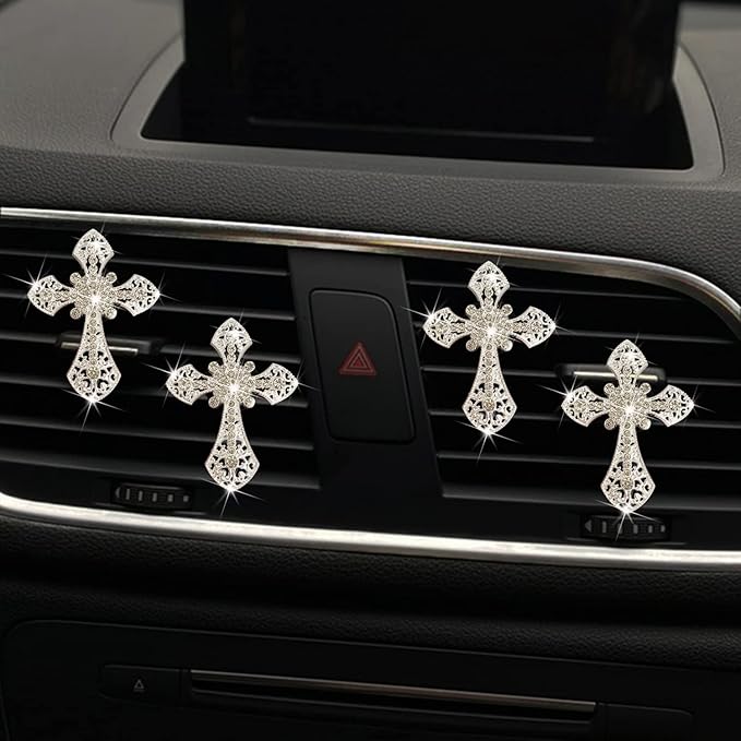 Bling Cross Air Vent Clips, 4 Pcs Crystal Cross Car Air Fresheners Vent Clips Car Diffuser Vent Clip Rhinestone Diamond Cross Decoration Interior Decor Bling Accessories for Women