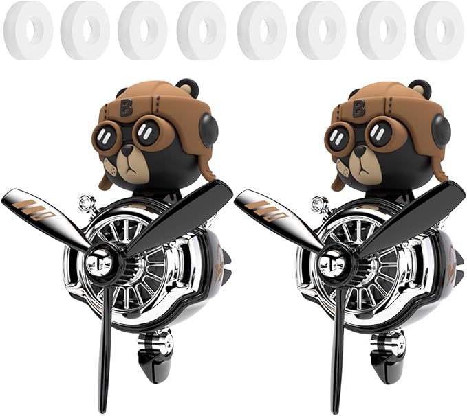 2Pcs Car Air Fresheners, Cute Bear Pilot Automotive Air Outlet Creative Car Perfume Diffuser, Automotive Accessories Air Vent Decoration with 8 Fragrant Tablets (Black 5+Black 5)