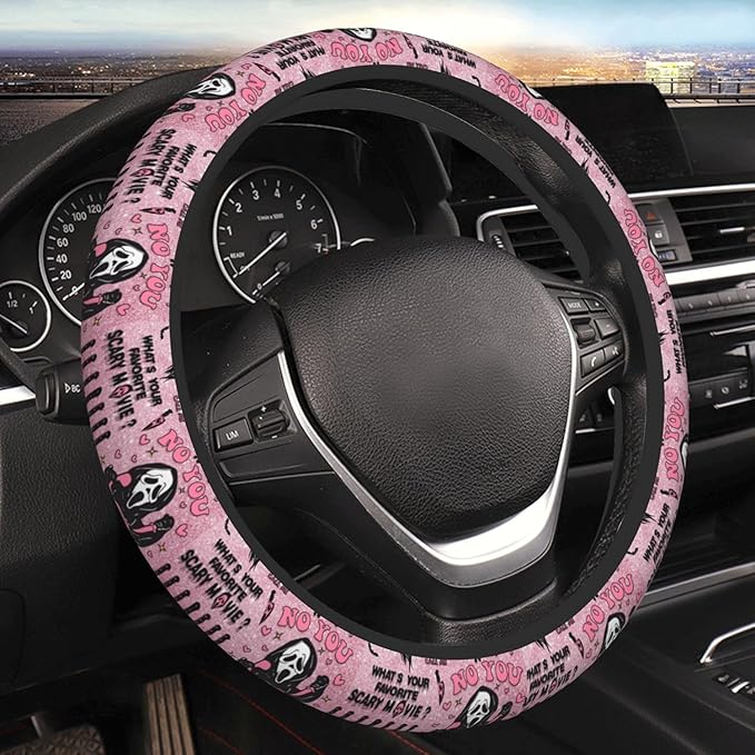 Halloween Ghost Steering Wheel Cover Horror Movie Car Accessories for Men Women with 2 Car Air Freshener, 15 Inch Anti-Slip Car Steering Wheel Covers Universal Fit