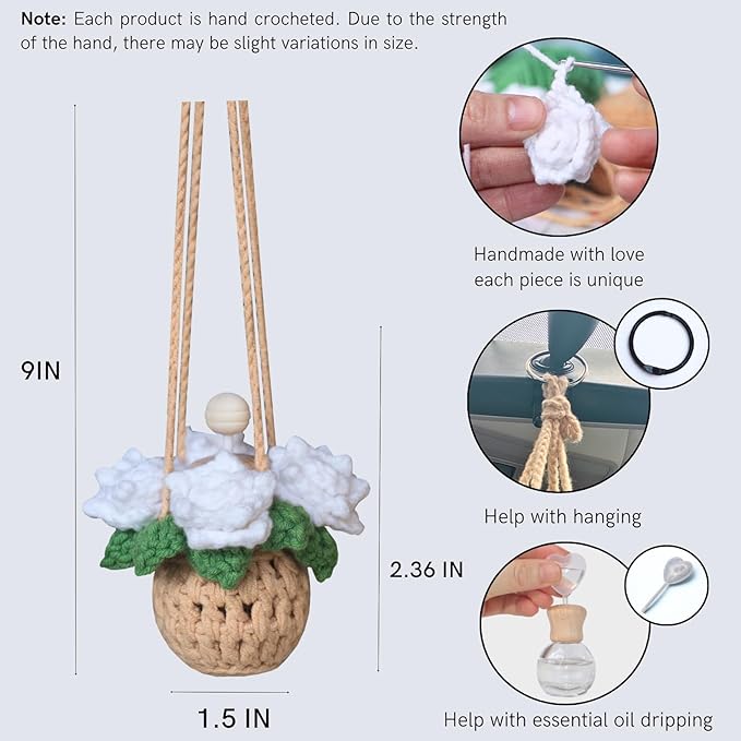Handmade Crochet Hanging Car Air Freshener - Pure Elegant White Rose Design, 12ml Refillable Thick Glass Bottle, Car Diffuser for Rearview Mirror, Home & Office Minimalist Decor